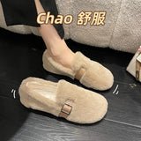 Shoes Female Autumn Winter Wear 2023 A Foot Pedal Bean Shoes Flat Korean Version Plus Velvet Warm Pregnant Women Cotton Ladle