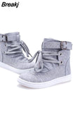 Gray Round Toe Platform High-top Canvas Buckle Shoes Woman Lace Up boots Student Flat Ankle Boots Botas Mujer
