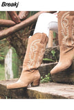 New Mid Heel Cowboy Boots for Women Pointed Toe Women's Shoes Embossing Suede Leather Shoes Mid-Calf Chunky Wedges
