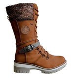 Medium-Sized Women's Boots 2024 Winter New Round Head Square Heel Leather Buckle Wool Spliced Martin