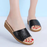 summer cow flat leather women slippers non-slip lower tendon ladies slippers solid hollow one button mothers
