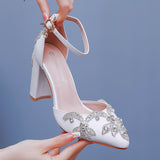 Breakj Cm Thick Heel Tip Single Shoe Large-Size Coarse Sandals Water Drill Wedding Shoes Women White Wedding