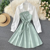 Women Casual Shirt Dress Spring Autumn Turn-down Collar Patchwork Button A-line Dress Sweet Female