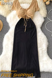 Women Summer Long Dress Elegant Patchwork Drawstring Ruched V-neck Short Sleeve Cutout Slim High Split Party Maxi