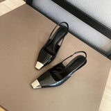 Square Toe Thin Heel Sandals Patent Leather Black Wrapped Heels High Heels Metal Toe Temperament Matte Women's Single