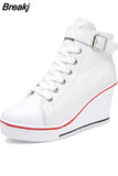 New Spring Summer Classic Wedges Shoes High Top Pumps with Zipper Canvas Shoes Women Casual Height Increasing Platform