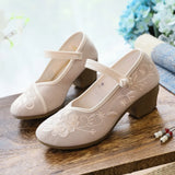 Breakj Heel High Heels Single Shoes Ethnic Style Embroidered Cloth Shoes Retro One Word With Thick Heel Solid Color Women's