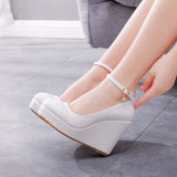 Breakj Bottom Heel Single Shoe With White Round Head Waterproof Table Slope Heel Wedding Shoes Pine