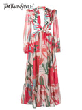 Spring Side Split Dress For Women V Neck Long Sleeve High Waist Print Colorblock Midi Dresses Female Clothing