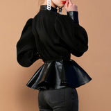 Black Casual Patchwork Ruffle Shirts Female Stand Collar Long Sleeve Korean Slim Fashion Woman Blouses 2021