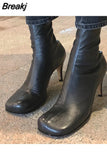 Woman Square Toe Kitten Heels Elastic Short Boots Women Genuine Leather Back Zip Ankle Boots Sexy Big Size Party