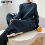 Vintage Women Solid Knitted Set 2021 Autumn Long Sleeve Pullovers & Elastic Waist Pants Ladies 2 Pieces Sweaters