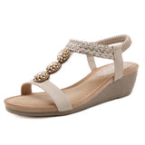 Women Sandals Summer Shoes Slip On Ladies Wedge Sandals Fashion Rhinestone Wooden Beads Open Toe Casual Female