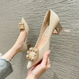 Heels Shoes Women Spring New Korean Version Pearl Rhinestones Pointed Toe Women's Shoes Chunky Heels Pumps Zapatillas