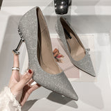 Heels Women Stilettos Elegant Sexy Nude Dress Shoes Bridal Stripper Party Gold Silver Luxury Pearl Pointed Toe