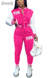 Pink Printed Baseball Coat Pants Two Piece Sets Spring Fall Outfits Womens Track Suits Casual Fashion Streetwear
