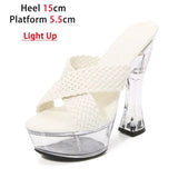 Light Up Transparent High Heels 15CM Square Heel Summer Sandals Women's Platform Luminous Shoes Club Fashion Weave