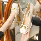 Women's Mid-heel 5.5CM 2023 Summer French Style Back Empty Female Thick Heel Square Toe Mary Jane Shoes Black Green Talon