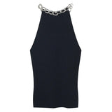 Sexy Black Patchwork Diamonds Chain Vests For Women O Neck Sleeveless Solid Slim Tank Tops Female 2021 Summer