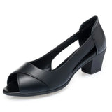 Leather Comfortable Ladies Mid Heel Sandals Women Shoes Hollow Peep Toe Square Heel Sandals Woman