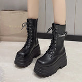 Fashion Chain Buckle Cross Tied Goth Women Shoes Mid Calf Punk Platform Flats Motorcycles Boots Winter Mujer Boots
