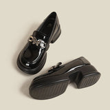 Breakj Women's Platform Casual Shoes British Style Pedal Retro Comfortable Single Shoes Flower Thick Heel Black Leather
