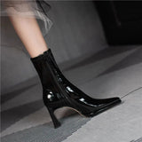 Women's Boots High Heels Half Footwear White Pointed Toe Elastic Shoes for Woman Mid Calf Elegant Heeled 2023 New Spring Pu