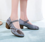 Breakj Heel High Heels Single Shoes Ethnic Style Embroidered Cloth Shoes Retro One Word With Thick Heel Solid Color Women's