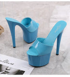 Size Female Slippers Outside PU Patent Leather Platform Super High Heels 17cm Thin Heel Solid Women's Shoes 2023 New