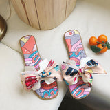 Breakj Ribbon Bow Flat And Flat-Bottomed Slippers Women Summer New Wear Broken Flowers One Word