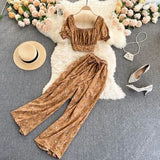 Summer Women Holiday Style Chiffon Printing Two Piece Set Short Shirt High Waist Wide Leg Pants Ladies Idyllic Style