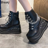 Women's Motorcycle Boots 2023 Boots Women Big Size 43 Black Zipper Lace Up Chain Wedges Platform Fashion Gothic Punk