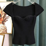 Casual Knitting Shirt Women Square Collar Short Sleeve Slim Tunic Blouse Female Fashion Clothing 2022
