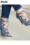 Fashion Women High Heels Sandals Pumps Sexy Hollow Lace-Up Cross-Tied Females Summer Sandals Peep Toe Party Shoes