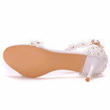 Queen High Heels 9CM 7CM 5CM Wedding Sandals Women Open Toe Strap Evening Party Summer Lace Flowers Pearl Tassel