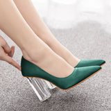 Breakj Cm Crystal Transparent Square Heel Pointy Shoes Bridal Shoes Silk Satin Dress Dress Shoes Wedding Women's