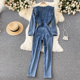 Women Denim Jumpsuit 2023 Spring Autumn Square Collar Long Sleeve Ruffled Slim Empire Long Rompers Casual Jeans