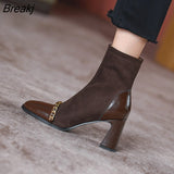 Thin Boots French Brown Square Toe Thick Heel High Heel Temperament Short Boots Autumn and Winter Single Boots