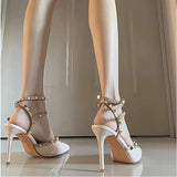 Breakj Fine Heel Shoes 2025 New Three-Ring Rivet Shallow Single Shoe Buckle Wearing Anti-Slip Work