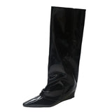 Pointed Toe Wedge Long Boots for Women Loose Black Patent Leather Knee High Boots Woman Modern Fashion Fold Ridding