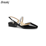 Flat Sandals Women Spring Summer Rhinestones Single Shoes Square Toe Simple Solid Color