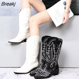 Women Mid Calf Western Boots Cowboy Pointed Toe Knee High Pull on Boots Ladies 2022 Fashion Leather Embroidery Botas Mujer