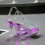 Color Square Heel Women Sandals Light Up Glowing Shoes Luminous Clear Sandals Platform Shoes High Heel 15cm Transparent