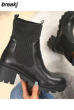 Autumn Winter Fashion Women Chelsea Boots Female PU Leather High Heels Boots Platform Shoes Ladies Knitted Sexy Ankle