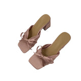 Breakj High-End Silk And Satin Bow Coarse And Cool Slippers Women Wear 2025 New Summer Dew High-Heeled