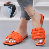 Weave Soft Slippers for Women Summer 2023 Orange PU Leather Beach Flip Flops Female Square Toe Flat Sandals Plus Size
