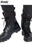 Toe Men Military Boots Leather Safety Shoes for Men Spring Fashion Lace Up Black Ankle Platform Motorcycle