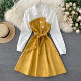 Women Casual Shirt Dress Spring Autumn Turn-down Collar Patchwork Button A-line Dress Sweet Female