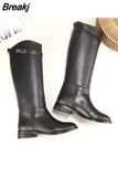Sexy Women Motorcycle Booties Belt Strap Metal Shark Lock Flat Heel Knee High Boots Woman Genuine Leather Botas
