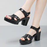 Breakj Leather High Heel Waterproof Sandals Women Fashion Crocodile Pattern Walking Shoes Summer Coarse Heel Magic Sticky H Women's